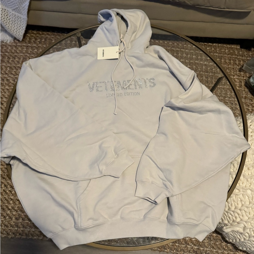 Vetements embellished hoodie in oyster mushroom